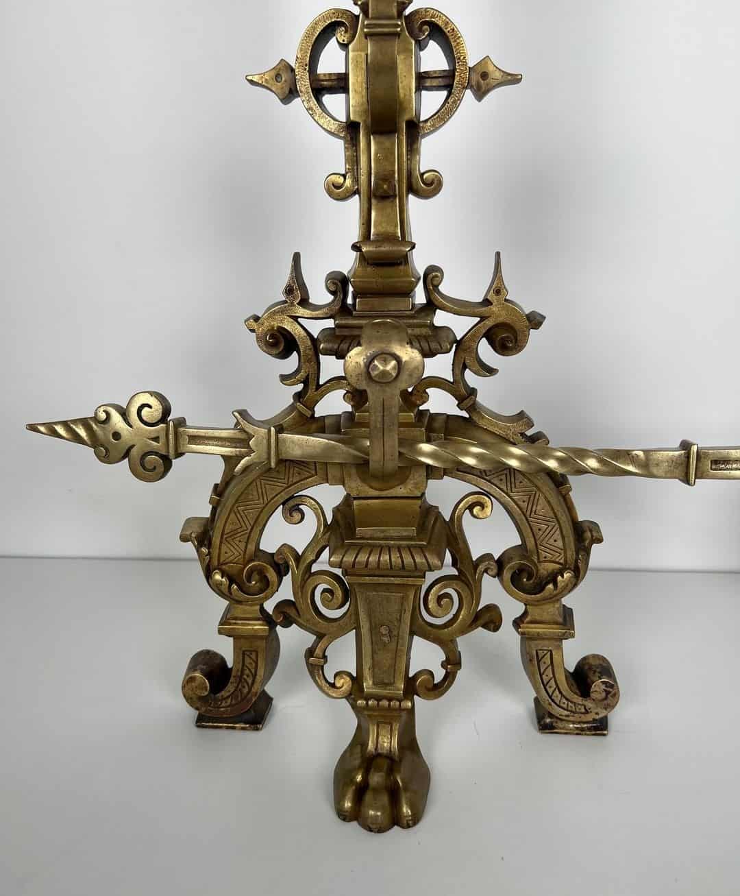 French Neo-Renaissance Bronze Fireplace Andirons - Base Detail - Styylish