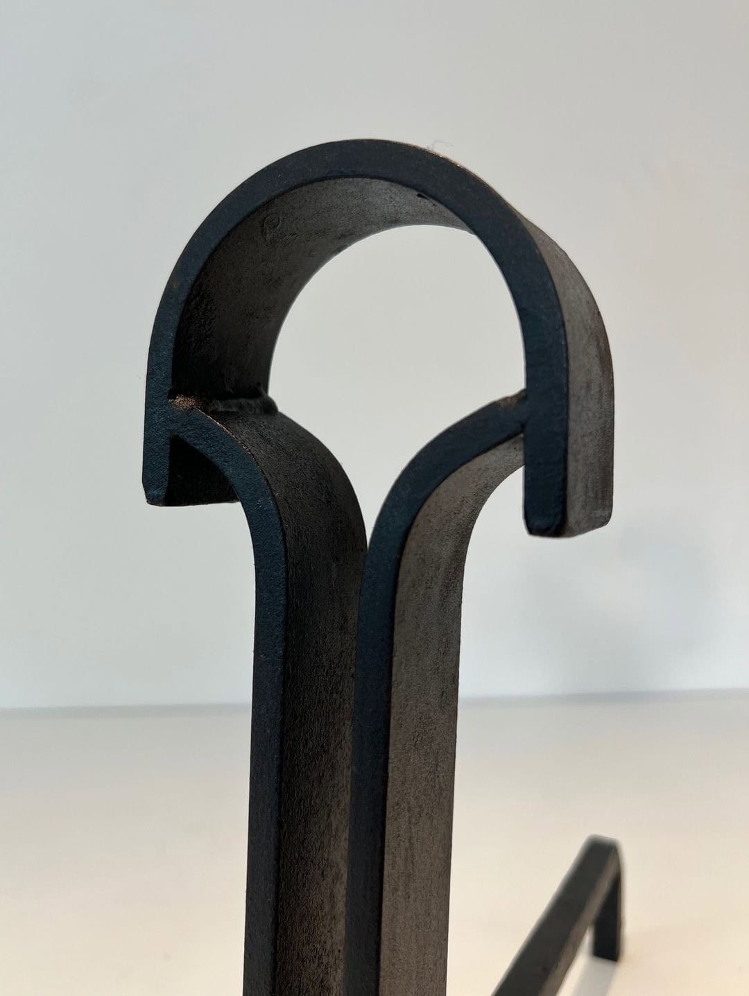 French Wrought Iron Andirons in Geometric Modernist Style - Top Detail Two - Styylish