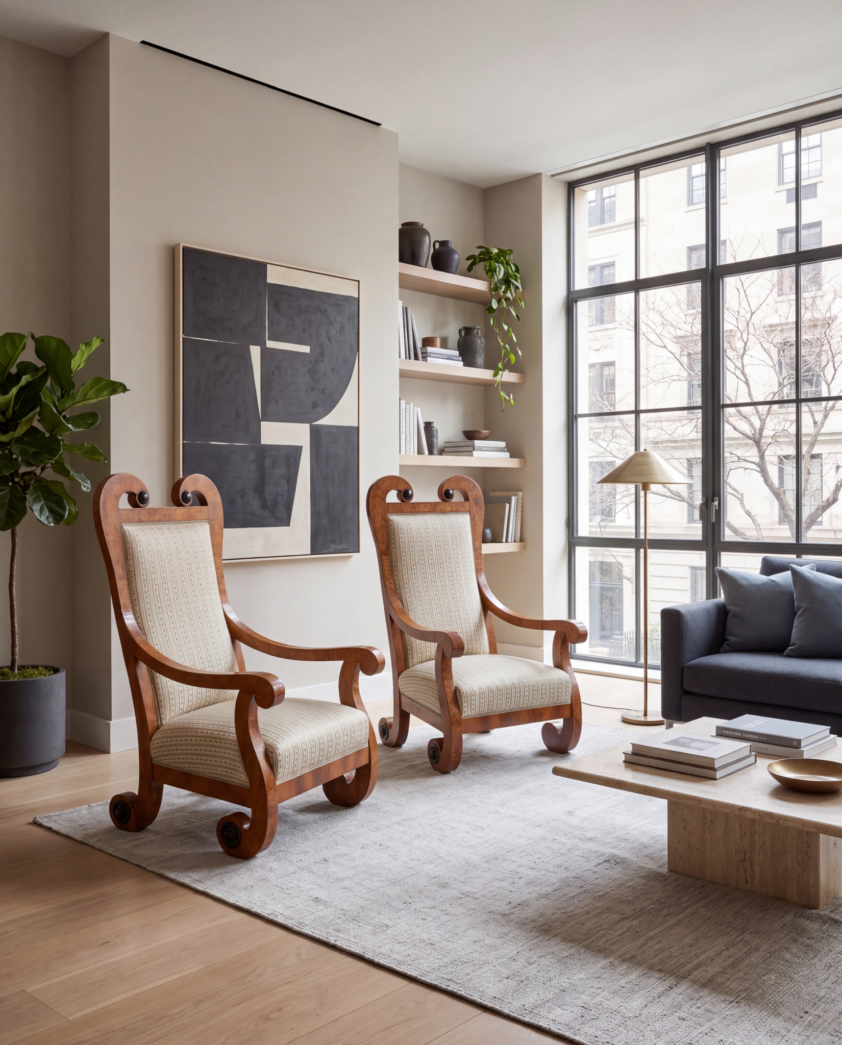 Pair of Tall-Back Biedermeier Armchairs with Floral Marquetry- in a modern NYC apartment- Styylish