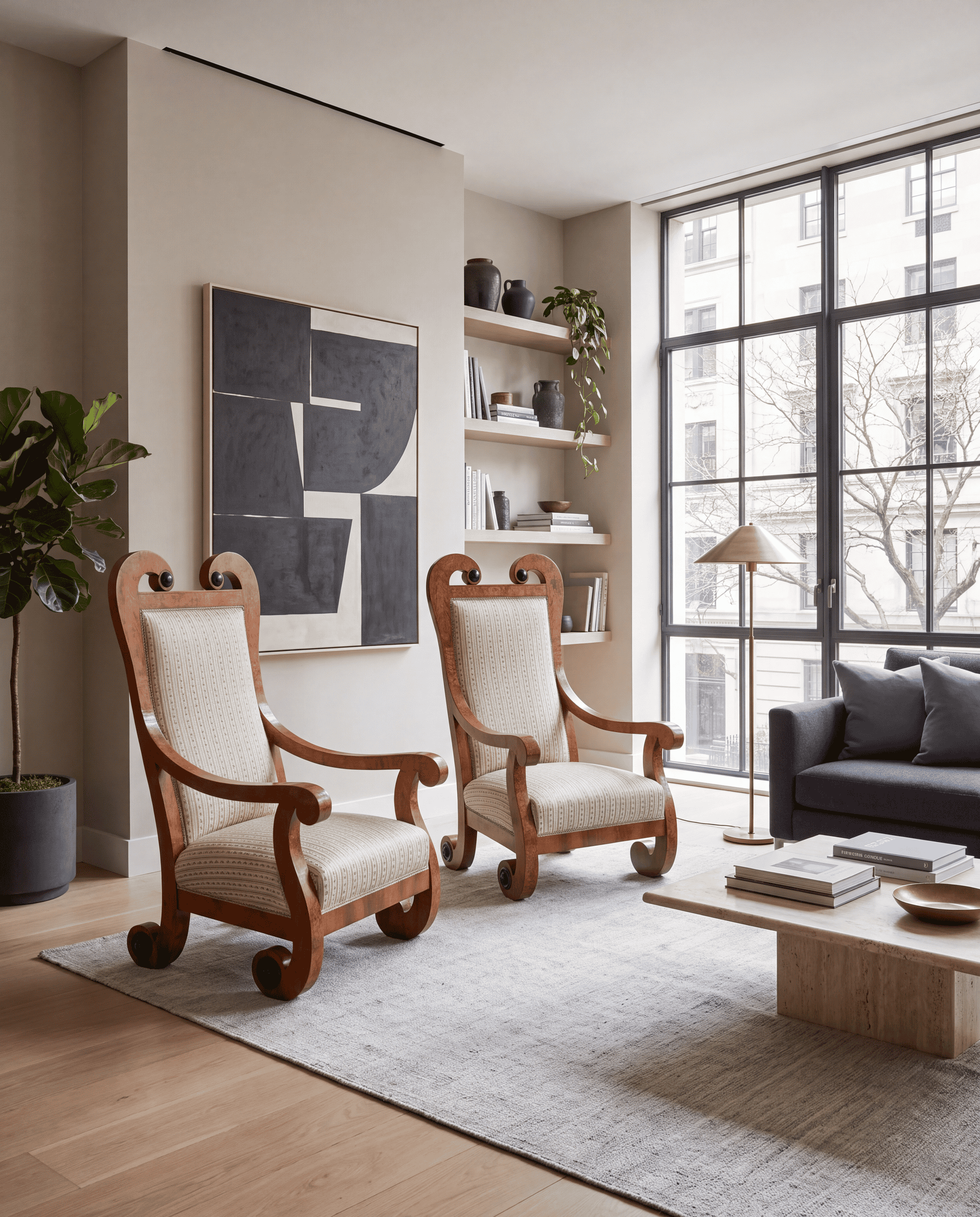 Pair of Tall-Back Biedermeier Armchairs with Floral Marquetry- in a modern NYC apartment- Styylish
