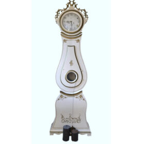 Antique Swedish Mora Clock in White and Gold, Early 19th Century