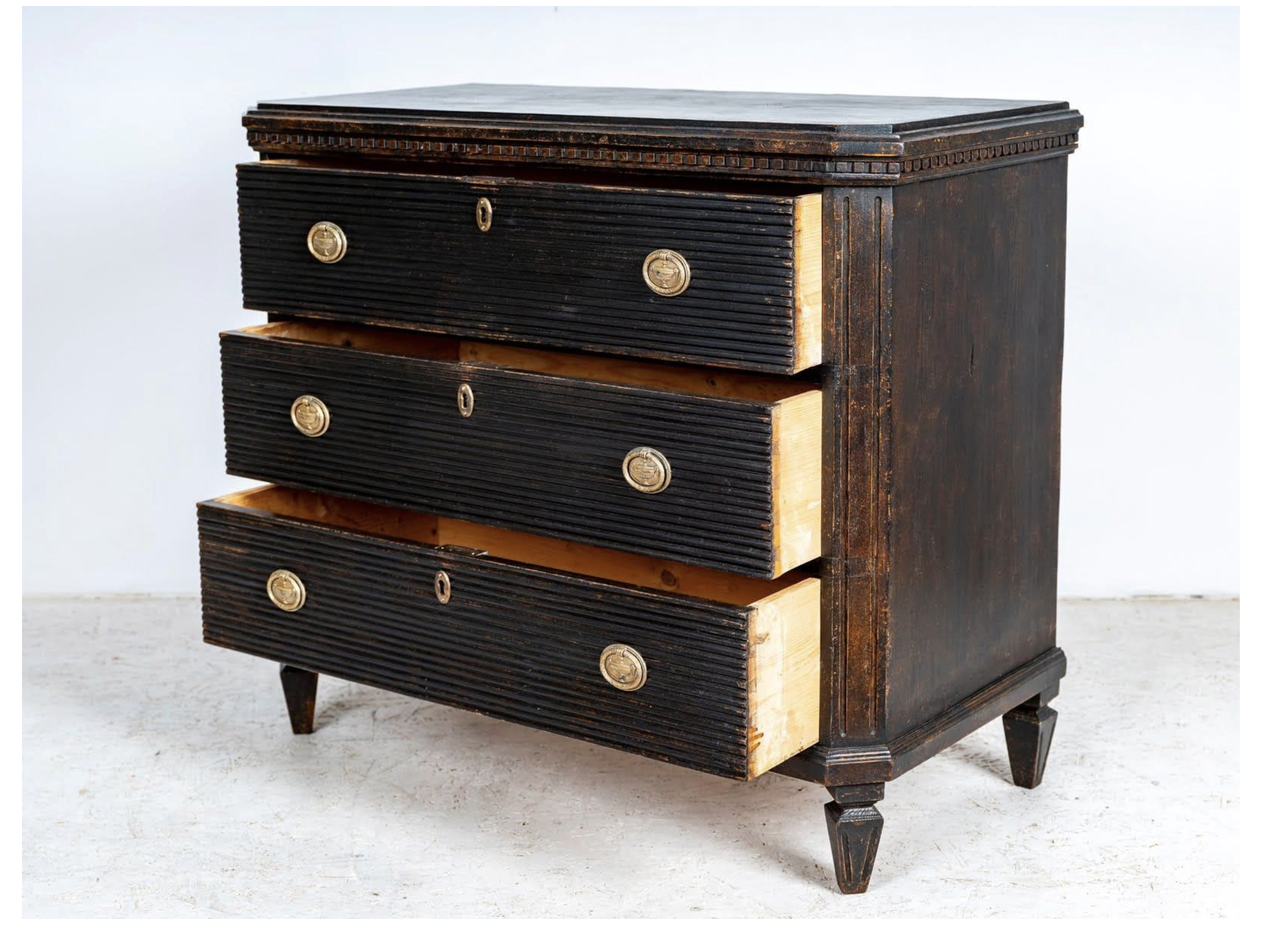 Antique Swedish Gustavian Black Painted Chest of Drawers- open drawers- Styylish