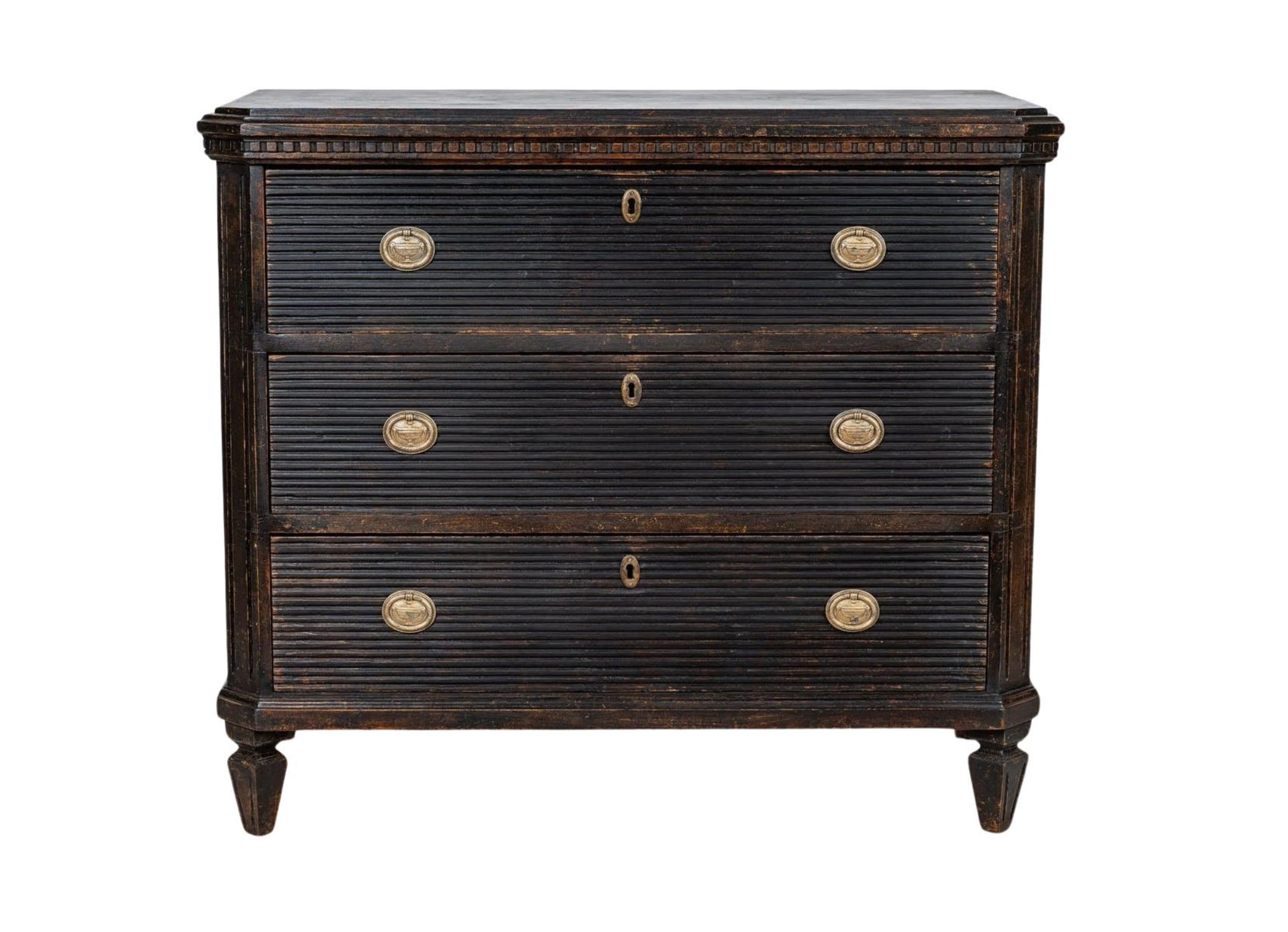Antique Swedish Gustavian Black Painted Chest of Drawers- open drawers- full view- Styylish