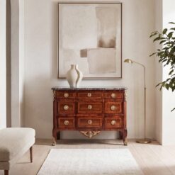Antique French Louis XVI Chest of Drawers, Kingwood veneer with original bronze mounts- in an entry way setting- Styylish