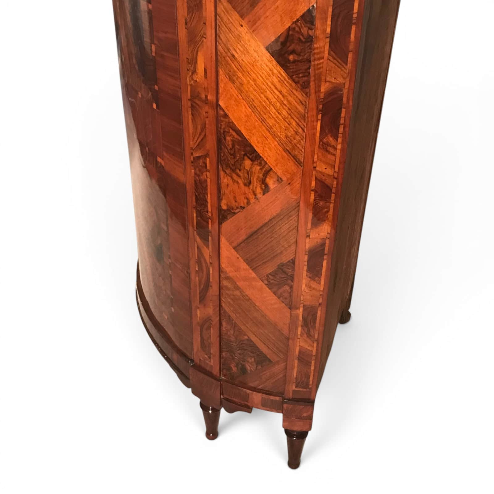 Antique Neoclassical Corner Cabinet- detail of elaborate walnut veneer pattern - right side- Styylish