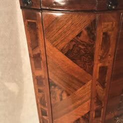 Antique Neoclassical Corner Cabinet- detail of elaborate walnut veneer pattern - Styylish