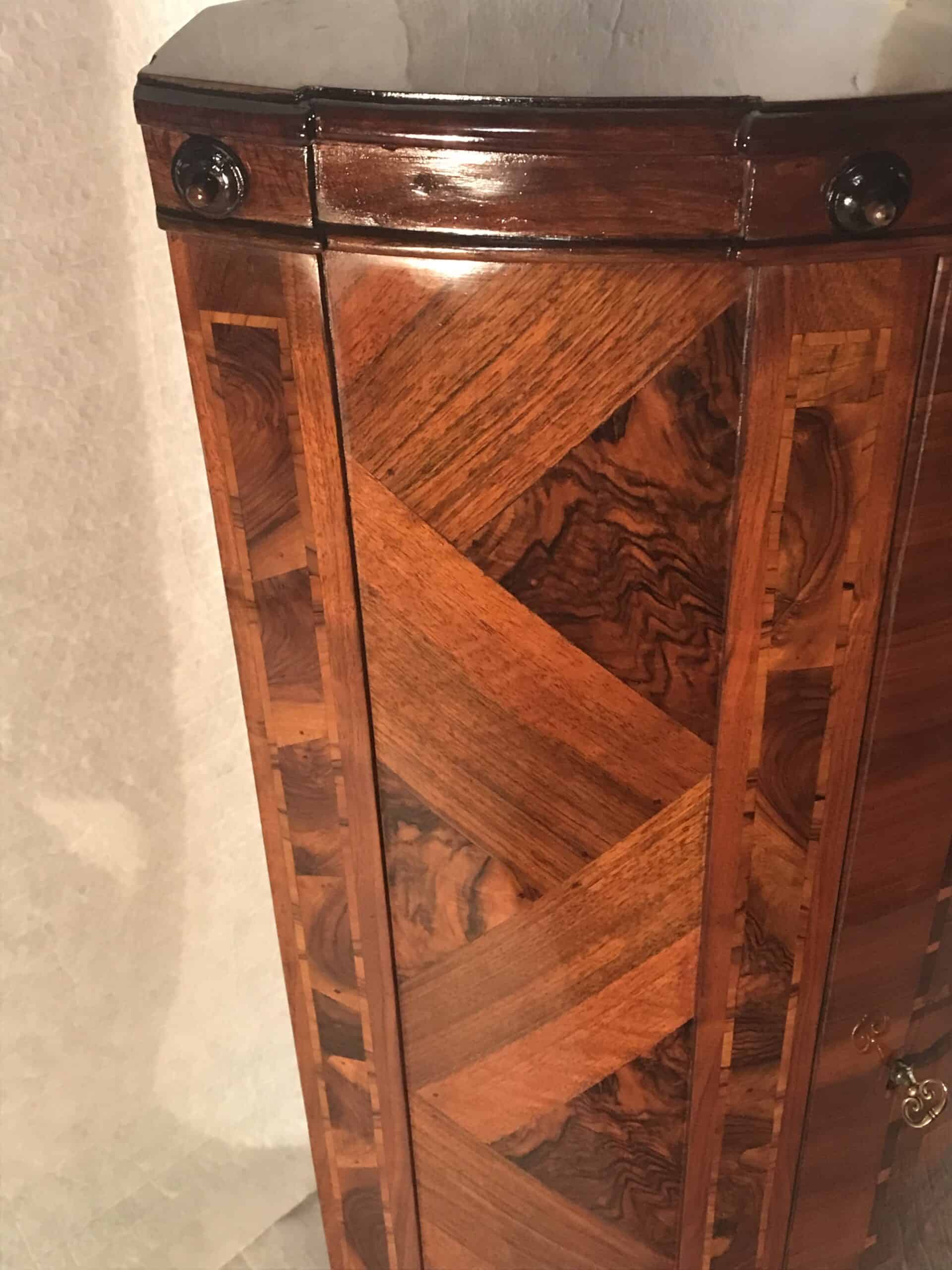 Antique Neoclassical Corner Cabinet- detail of elaborate walnut veneer pattern - Styylish