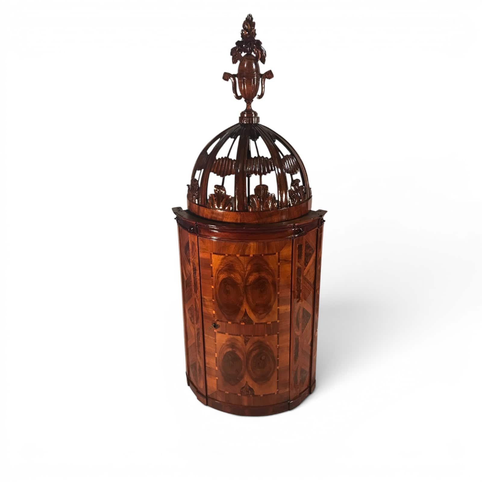 Antique Neoclassical Corner Cabinet- upper part with openwork dome, carved acanthus-like ornament, urn finial, and almost canopy-like construction-Styylish