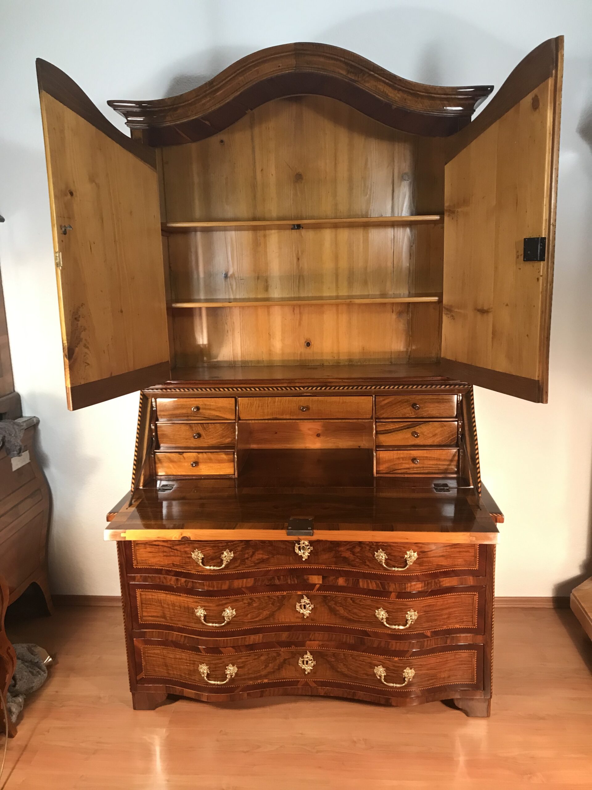 18th Century Baroque Walnut Bureau Cabinet with Figured Veneers- view with open doors and writing compartment- Styylish