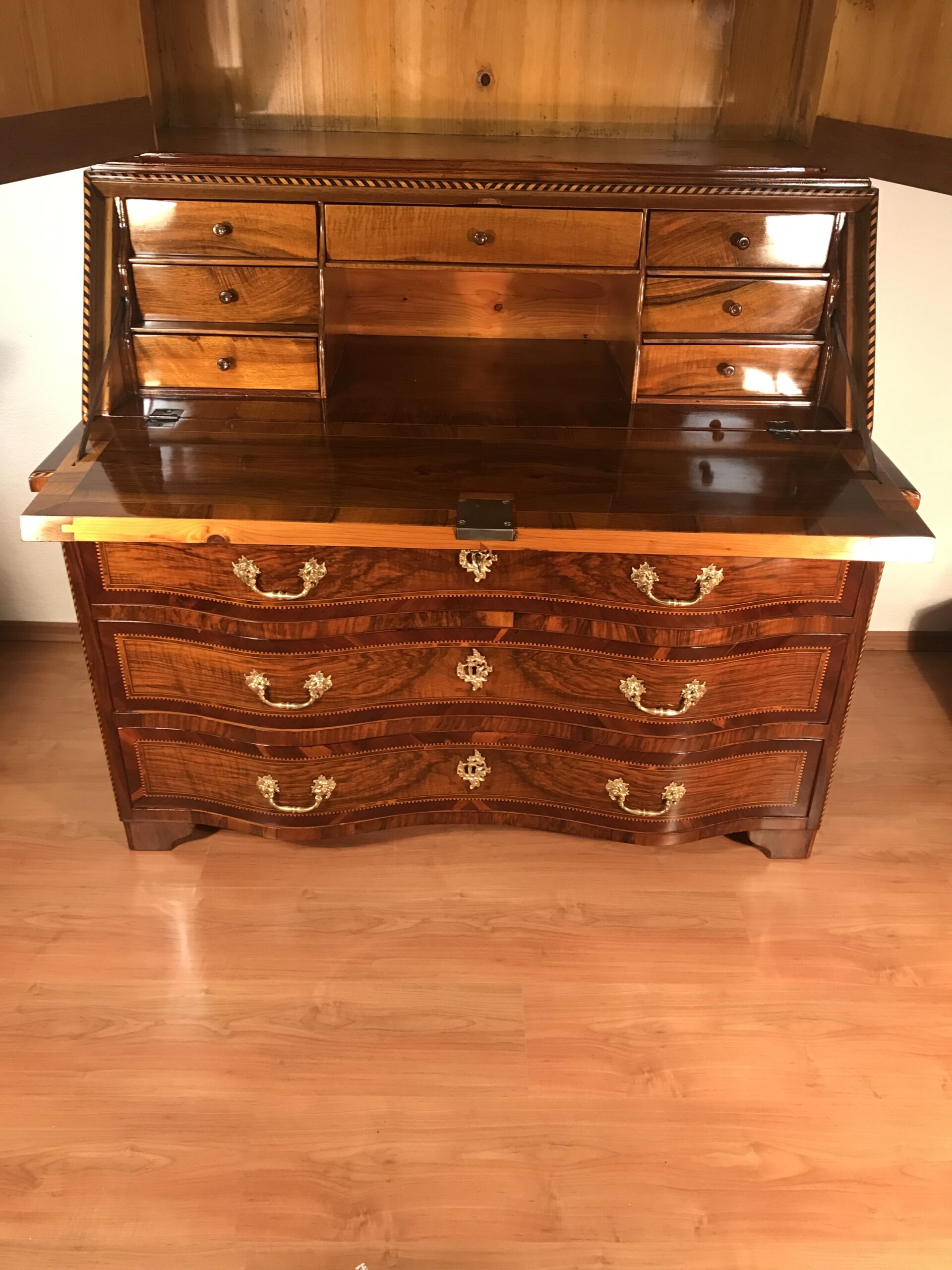 18th Century Baroque Walnut Bureau Cabinet with Figured Veneers- detail view with open writing flap- Styylish