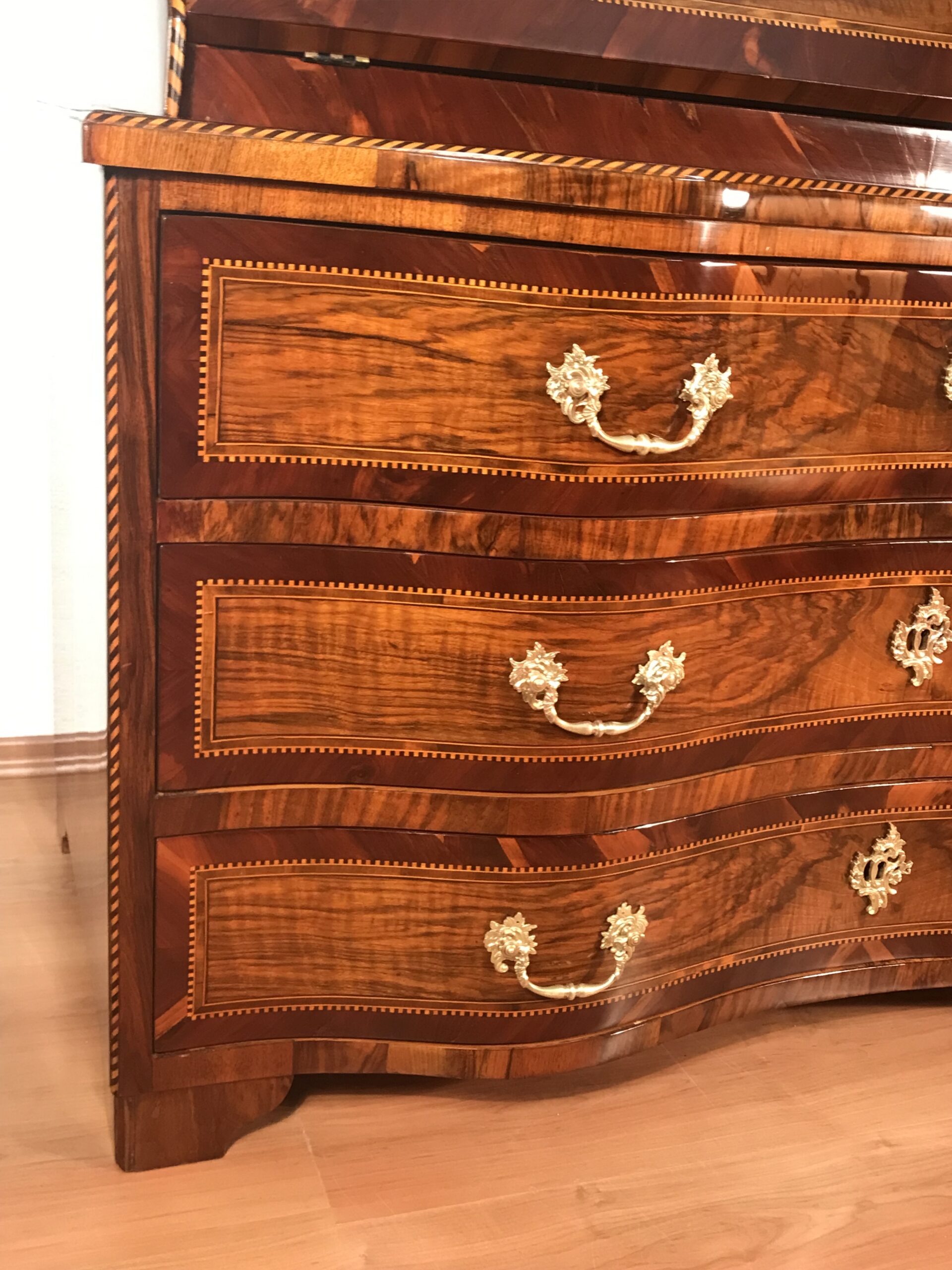 18th Century Baroque Walnut Bureau Cabinet with Figured Veneers- detail view of a drawer- Styylish