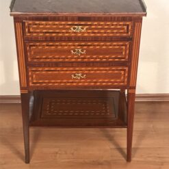 French Louis XVI Marquetry Side Table- front view with marble top- Styylish