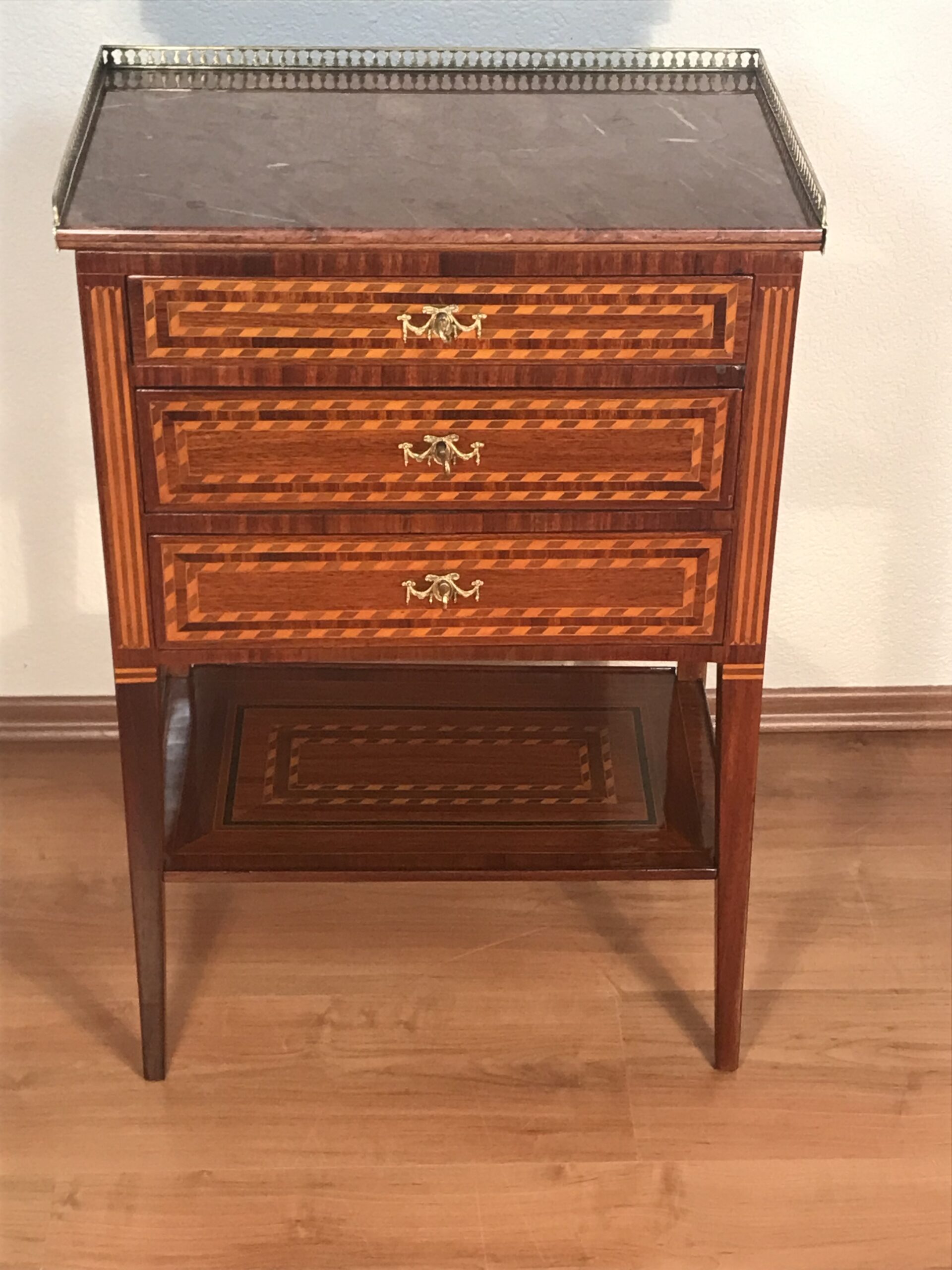 French Louis XVI Marquetry Side Table- front view with marble top- Styylish