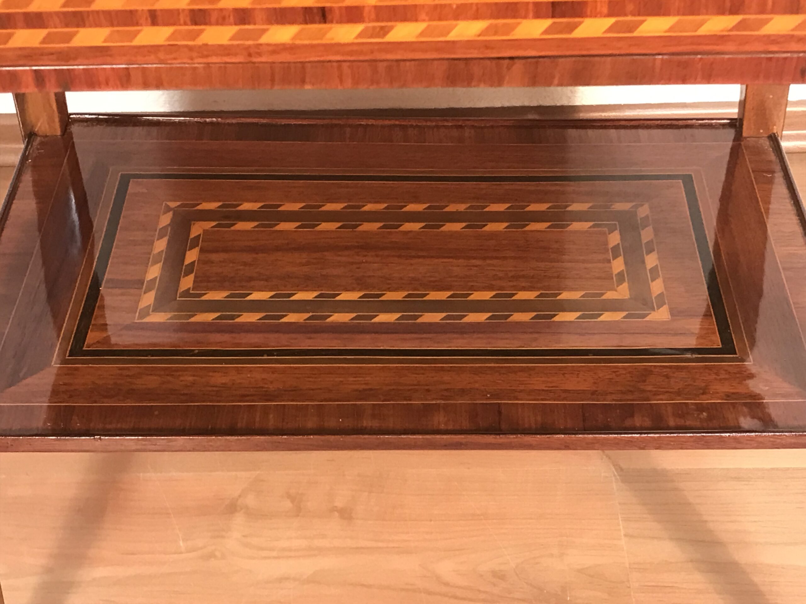 French Louis XVI Marquetry Side Table- detail of lower shelf- Styylish