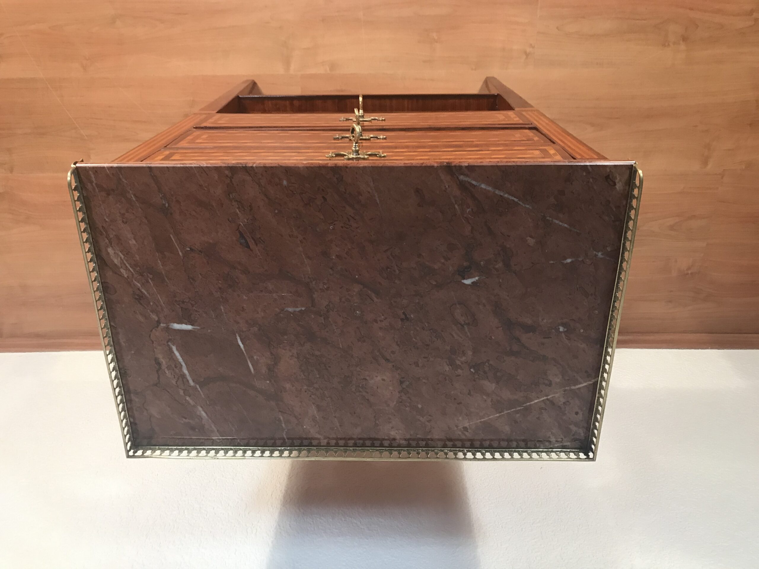 French Louis XVI Marquetry Side Table- view from above with marble top- Styylish