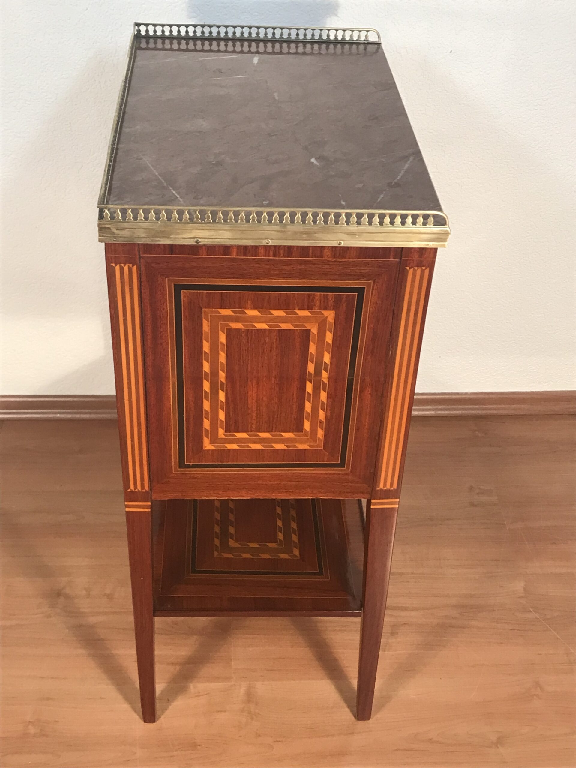 French Louis XVI Marquetry Side Table- side view from above - Styylish
