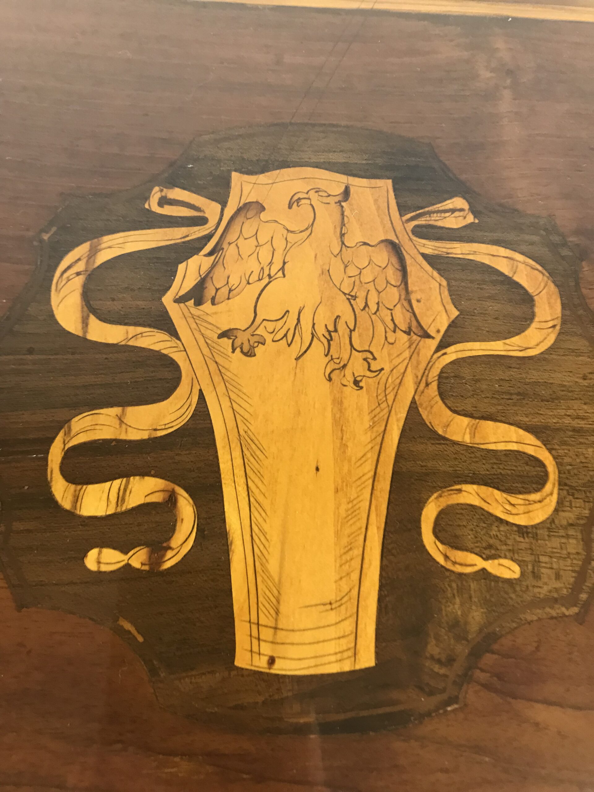 Italian Provincial Neoclassical Marquetry Cabinet- detail of shield with eagle- Styylish