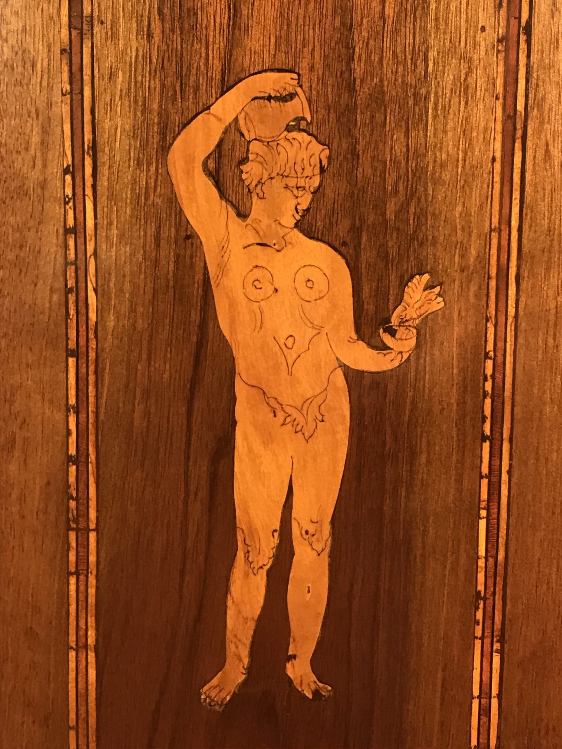 Italian Provincial Neoclassical Marquetry Cabinet- detail of figurine- Styylish