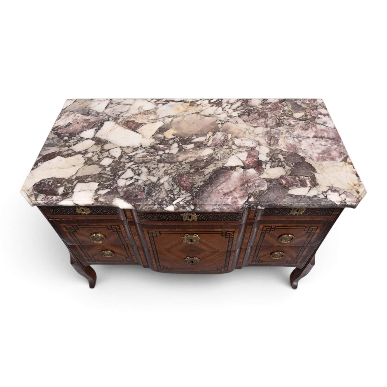 18th Century French Transition Marquetry Chest of Drawers with Marble Top- view of the marble top- Styylish