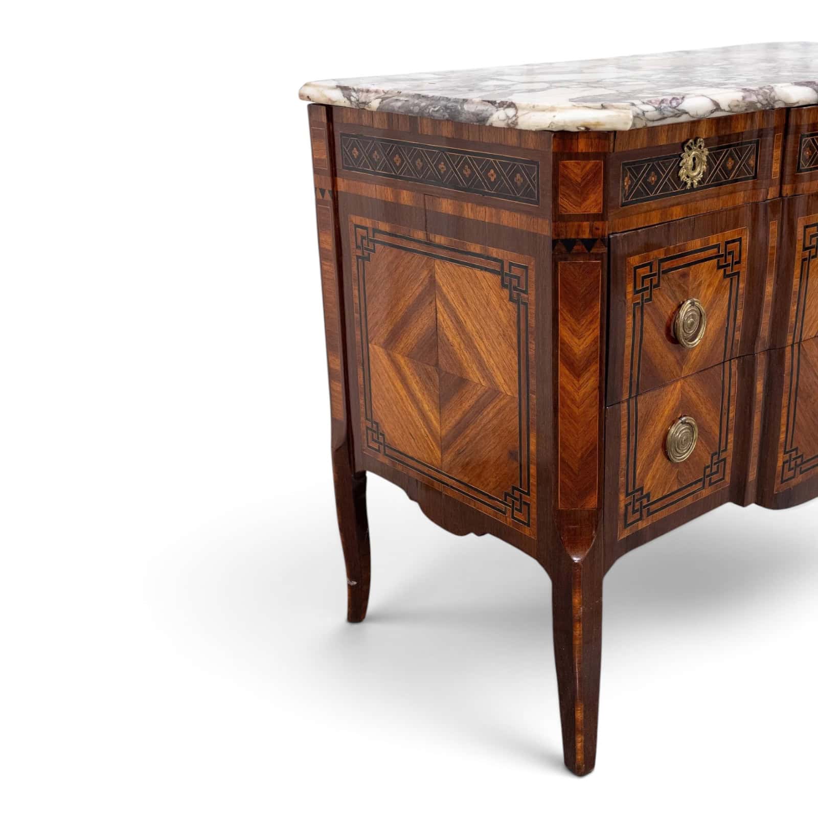 18th Century French Transition Marquetry Chest of Drawers with Marble Top- side view left- Styylish