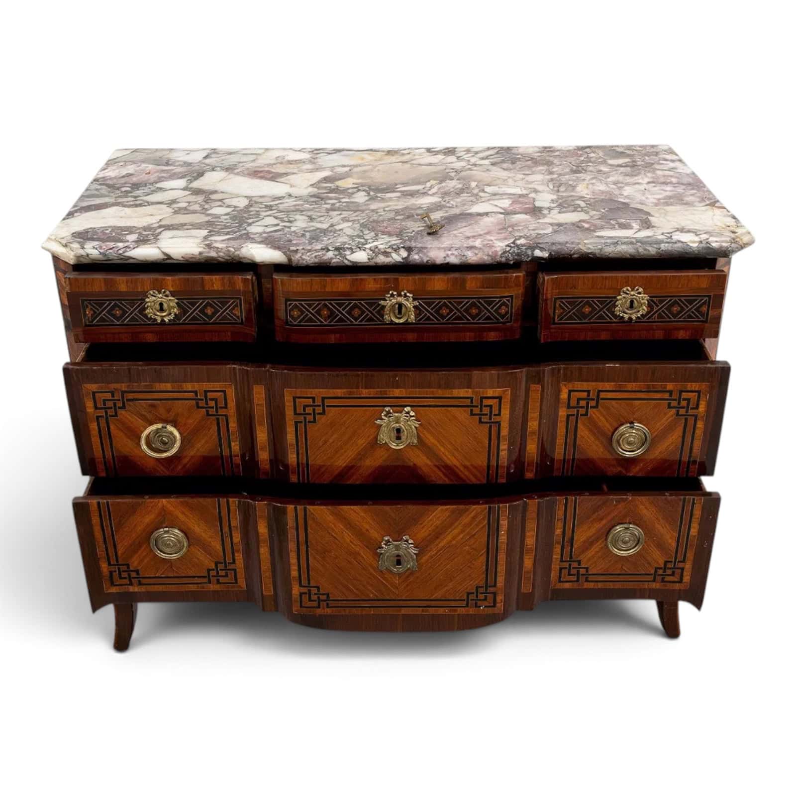 18th Century French Transition Marquetry Chest of Drawers with Marble Top- with open drawers- Styylish