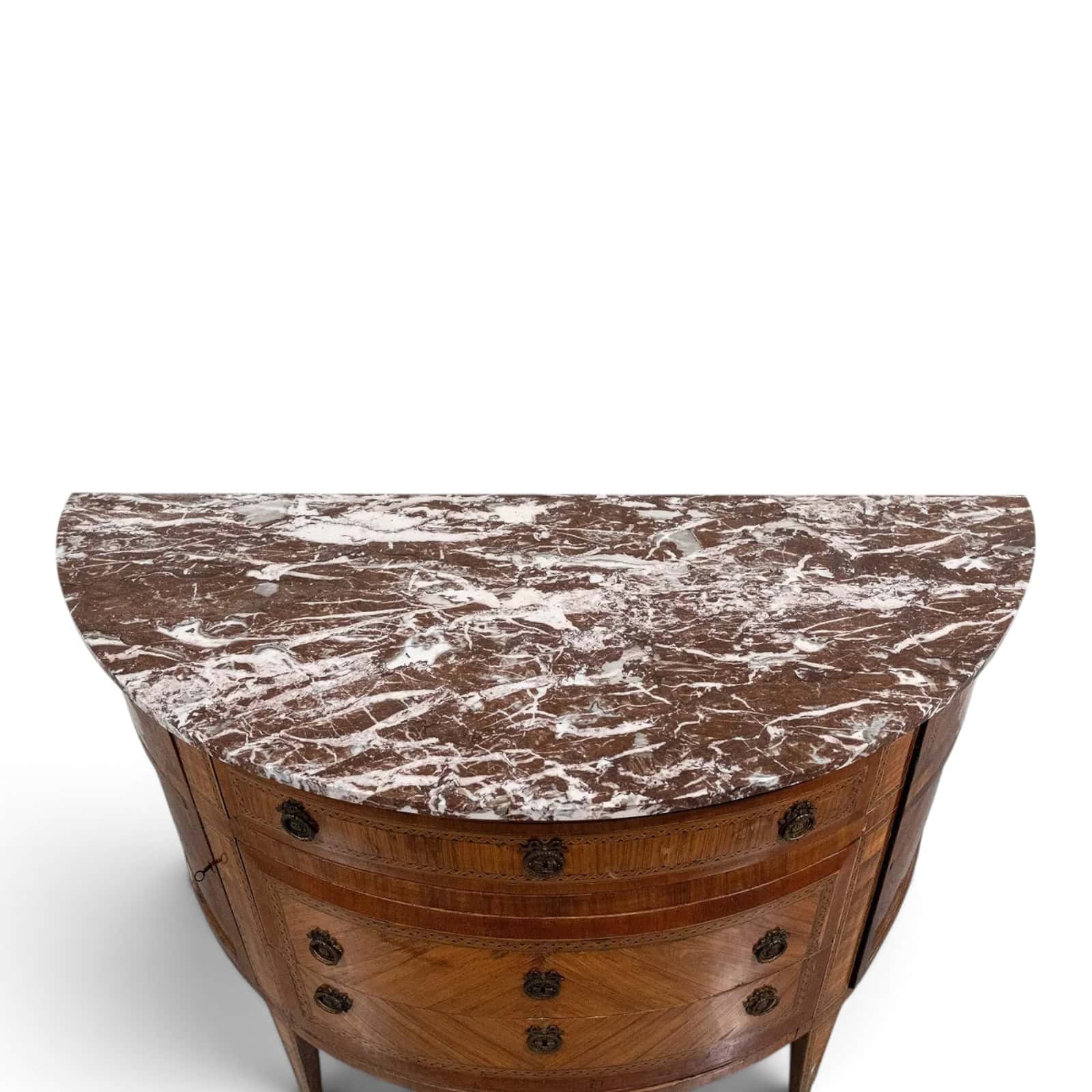 18th Century French Louis XVI Demilune Marquetry Commode with Marble Top- top view with marble top- Styylish
