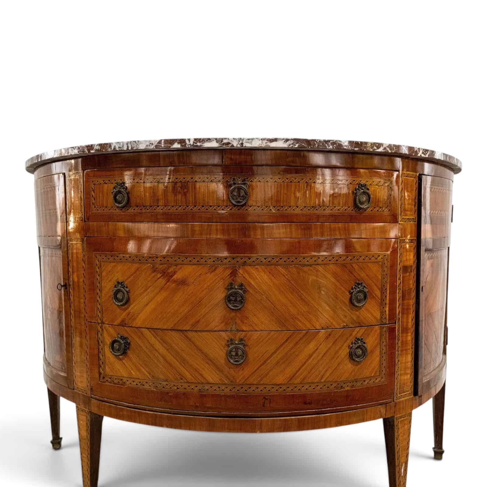 18th Century French Louis XVI Demilune Marquetry Commode with Marble Top- front view- Styylish