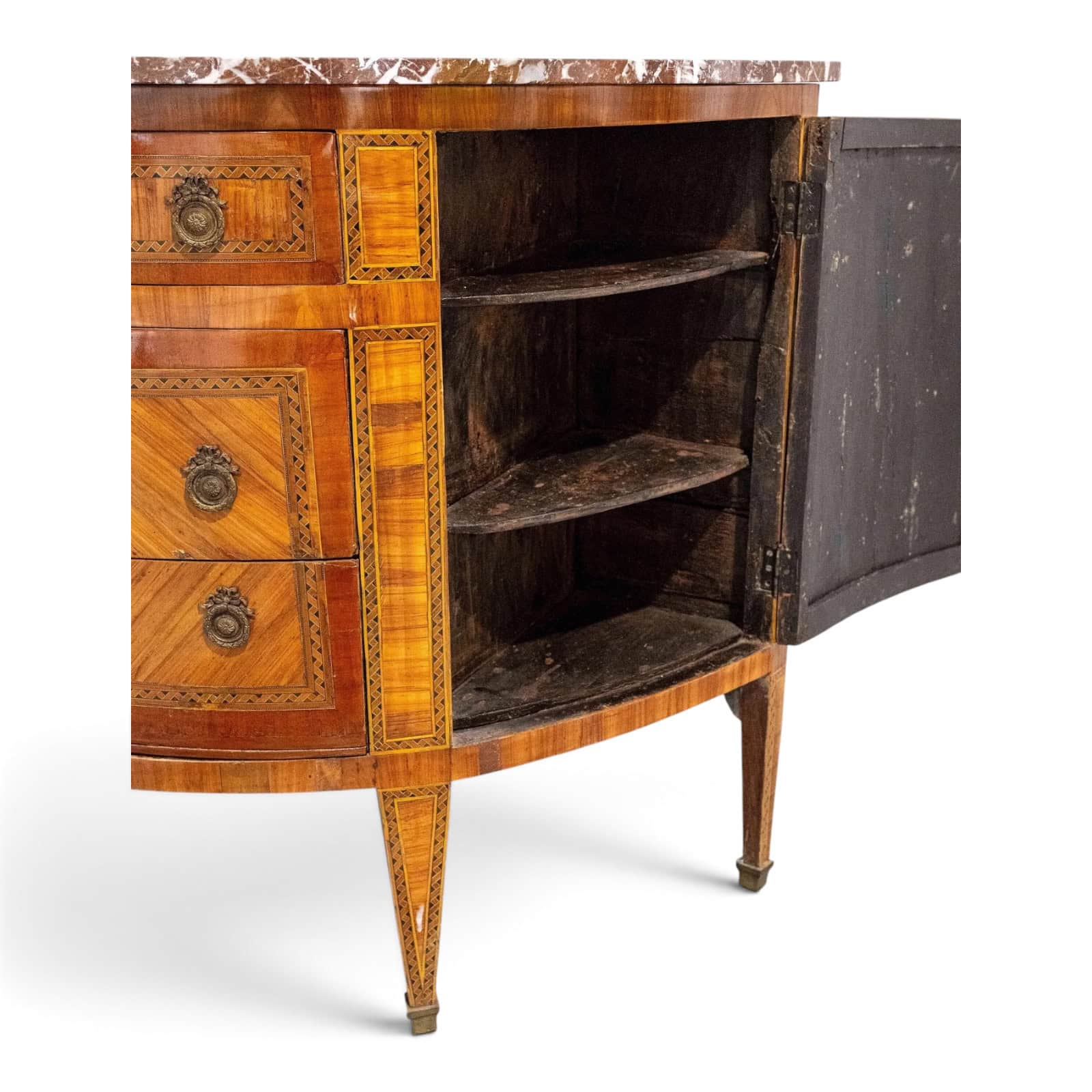 18th Century French Louis XVI Demilune Marquetry Commode with Marble Top- right side with open door- Styylish
