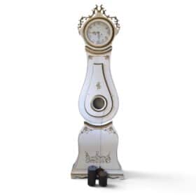 Antique Swedish Mora Clock in White and Gold, Early 19th Century