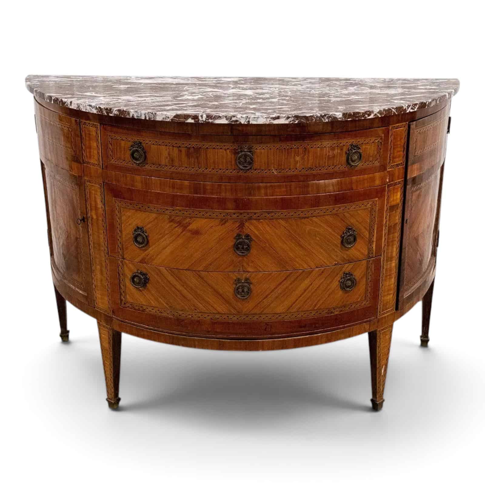 18th Century French Louis XVI Demilune Marquetry Commode with Marble Top- Styylish