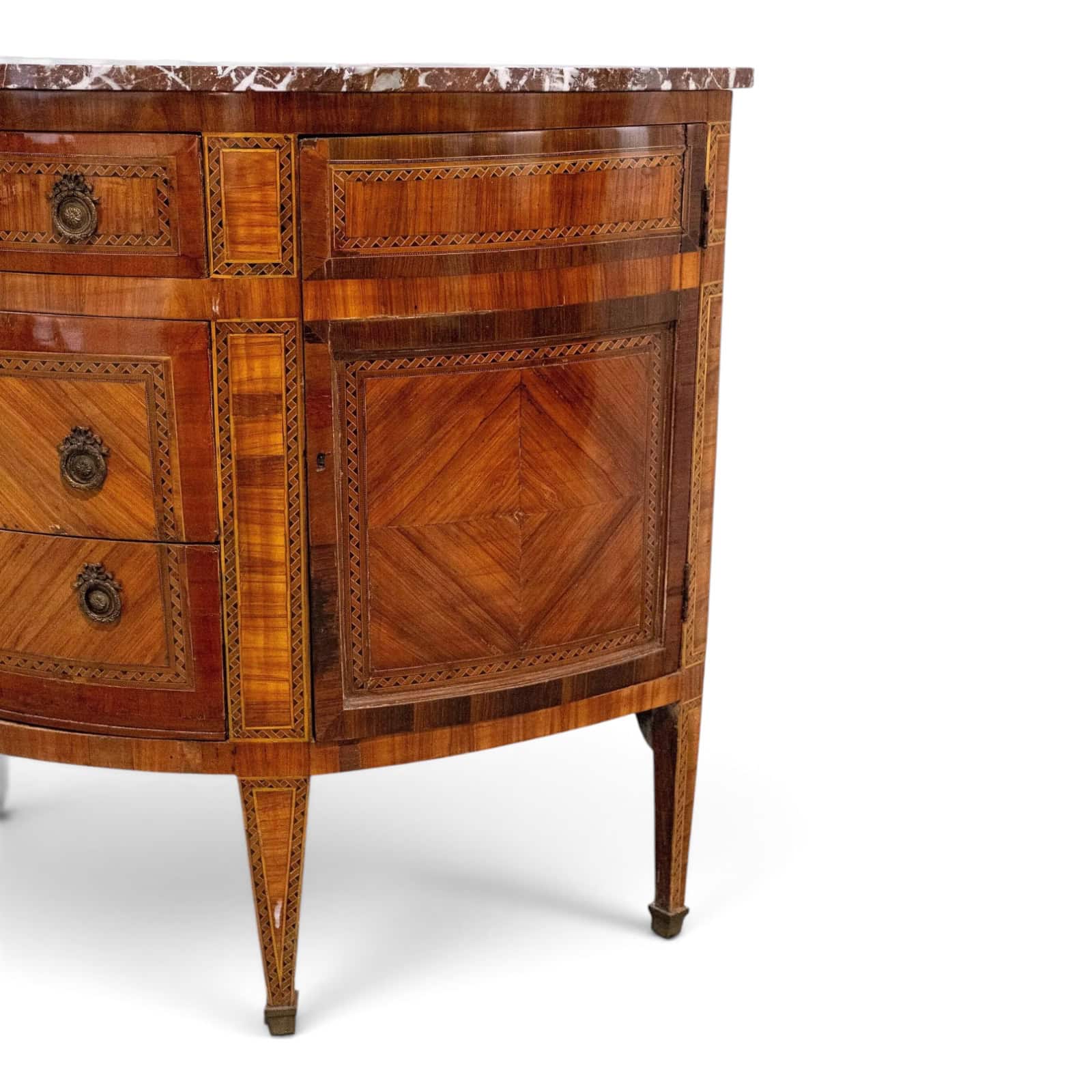 18th Century French Louis XVI Demilune Marquetry Commode with Marble Top- right side- Styylish