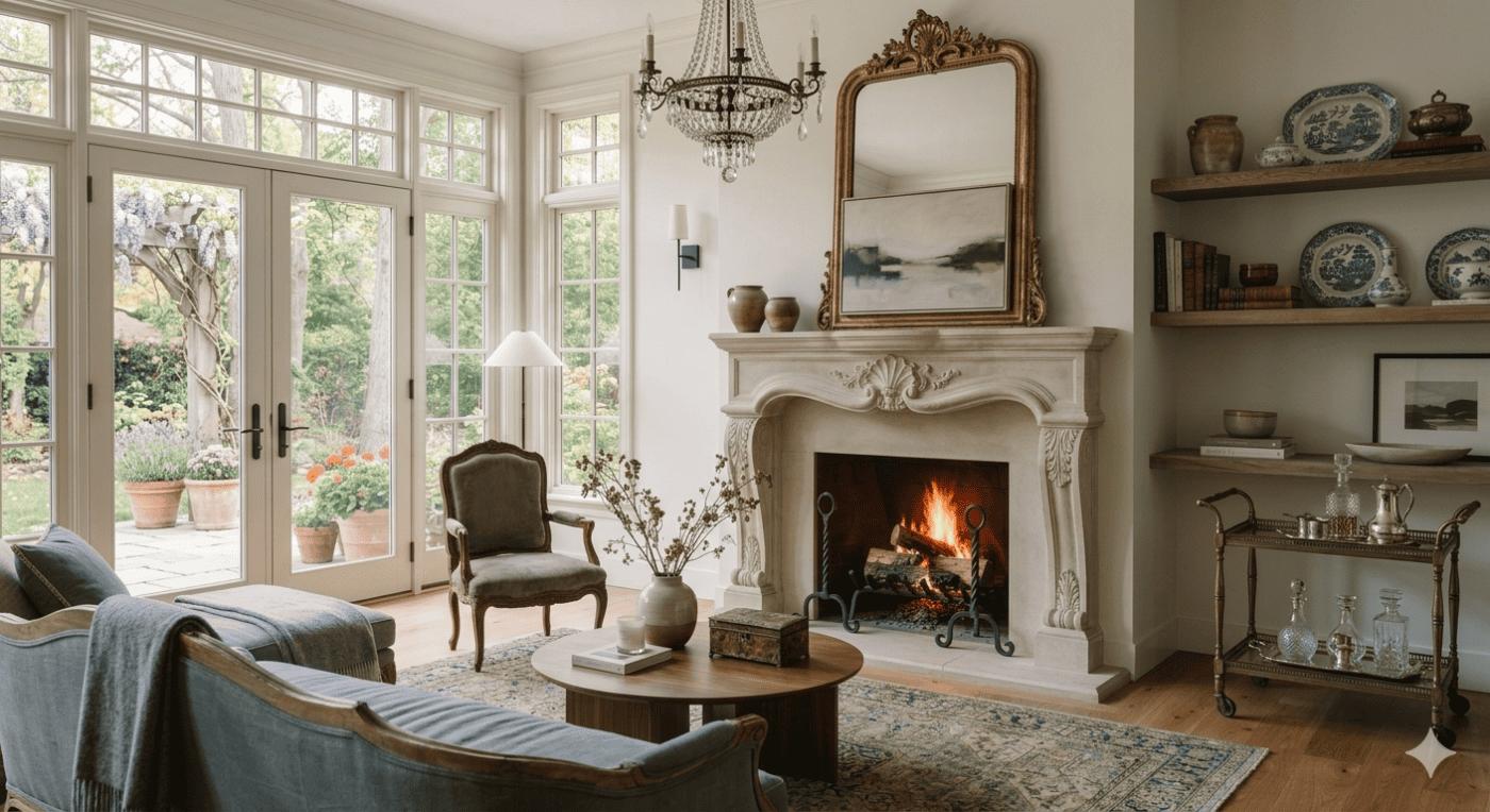 Antique Andirons- elegant French living room with a fireplace and andirons- Styylish
