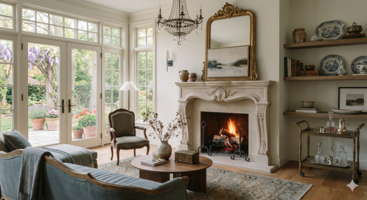 Antique Andirons- elegant French living room with a fireplace and andirons- Styylish