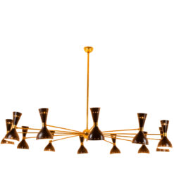 Italian Diabolo Chandelier in Black Metal and Patinated Brass - Illuminated View - Styylish