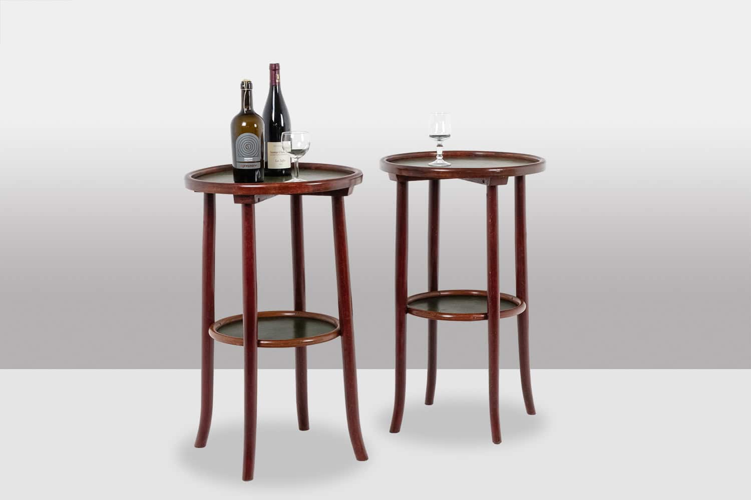 Michael Thonet Two-Tiered Side Tables - Pair View with Bottles - Styylish