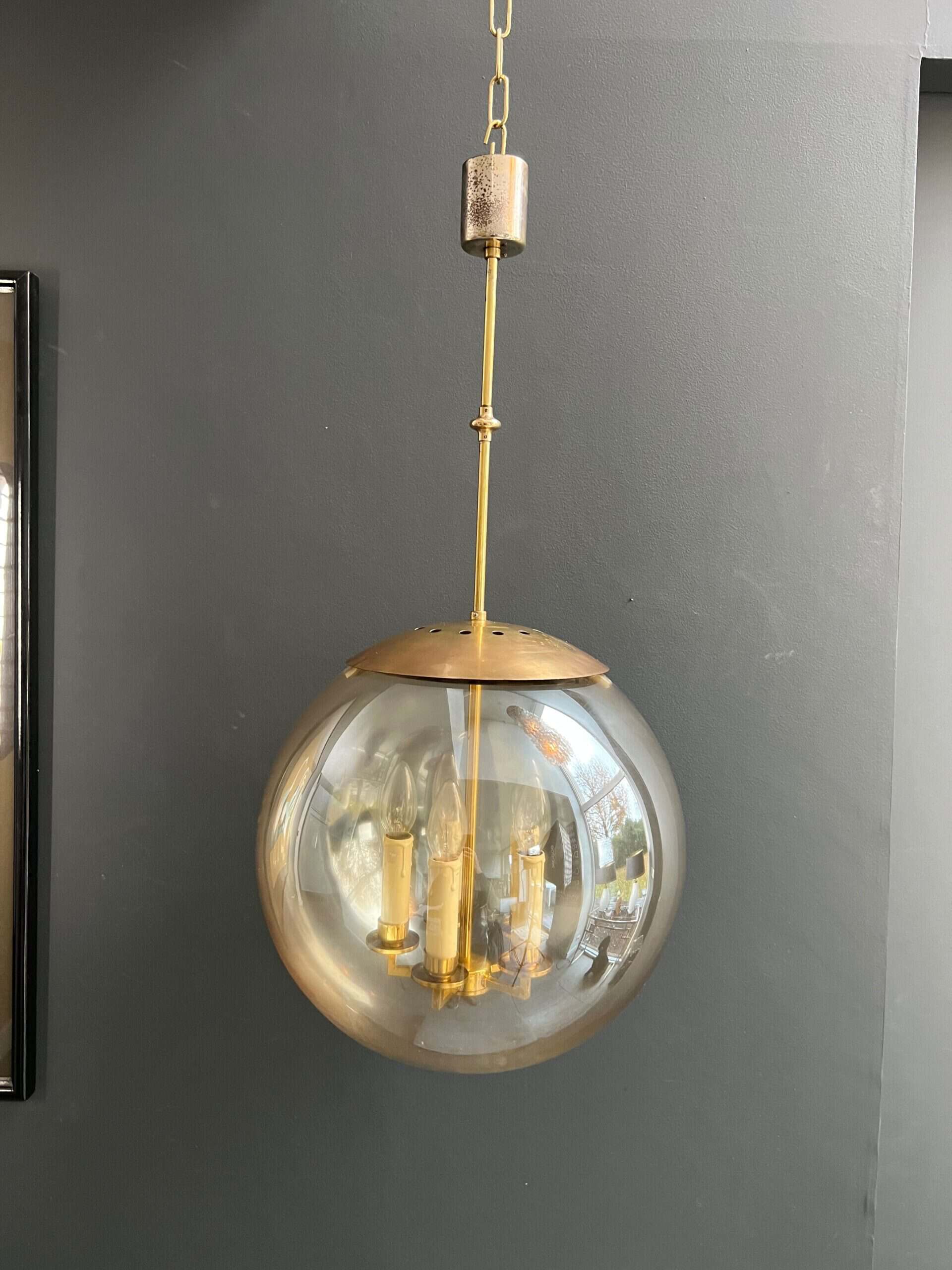 1970s Smoked Glass Globe Pendant Light - Front View - Styylish