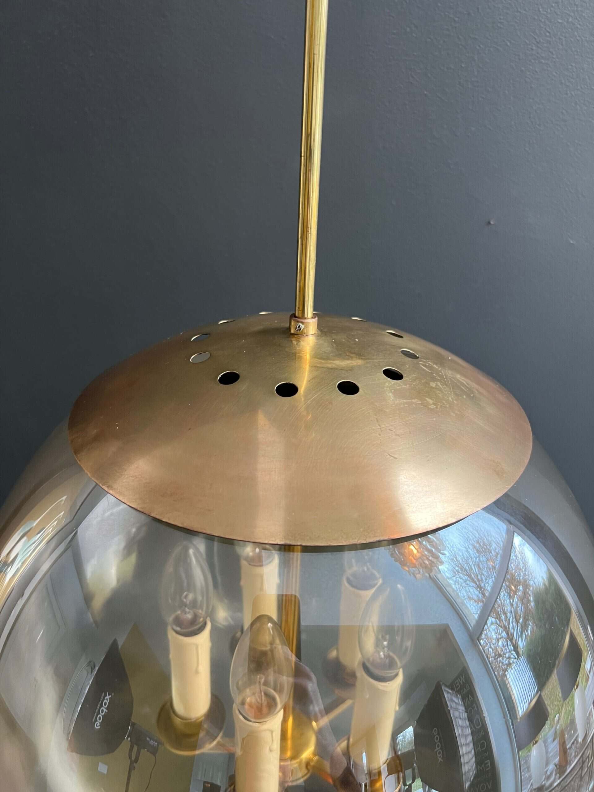 1970s Smoked Glass Globe Pendant Light - Fixture Detail - Styylish