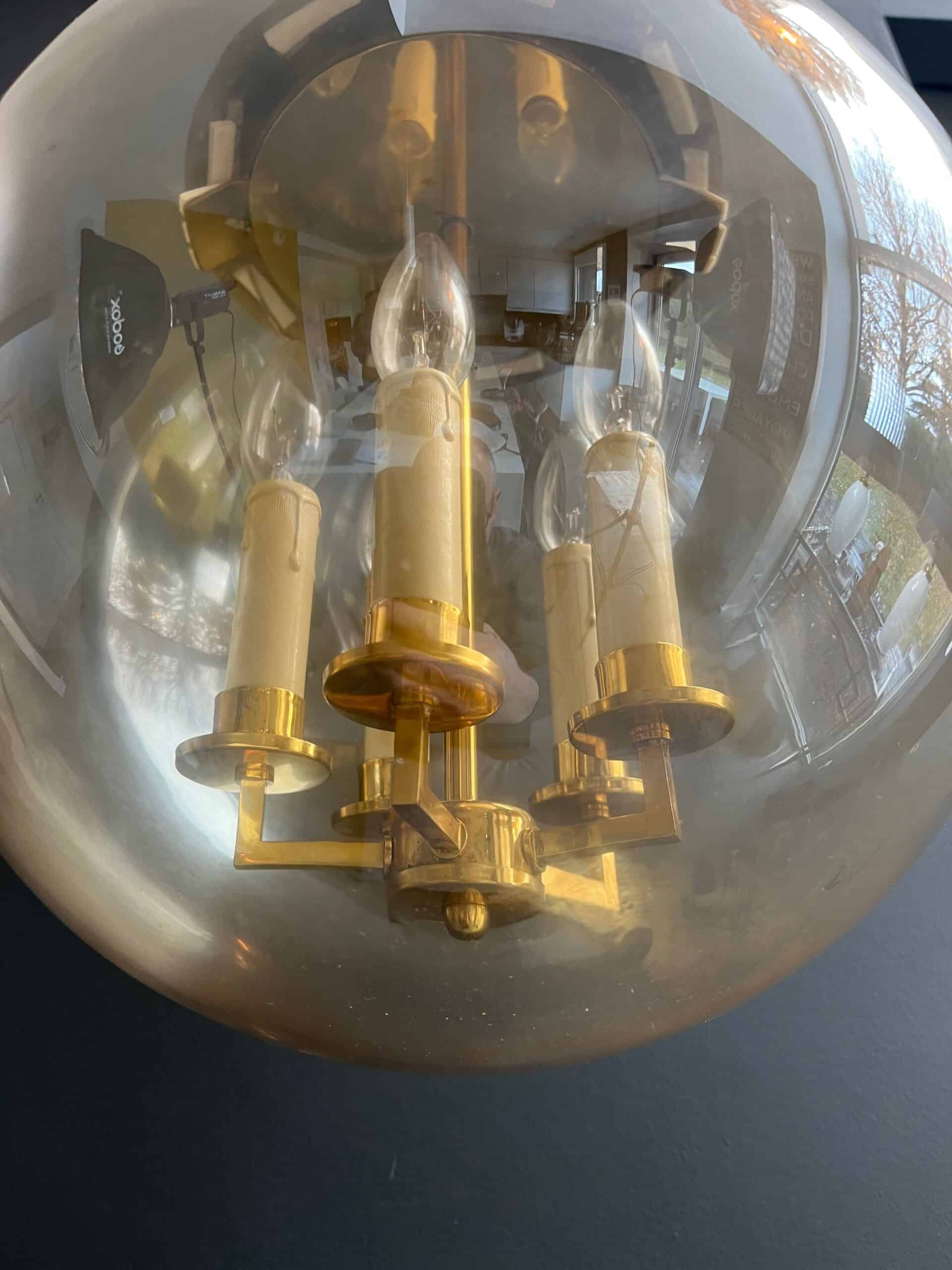1970s Smoked Glass Globe Pendant Light - Candle Detail - Styylish