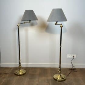 Pair of Brass Floor Reading Lamps with Articulated Arm and Grey Velvet. French Work in the Manner of Maison Jansen. Circa 1970.