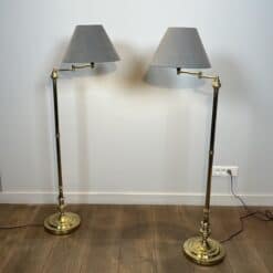Pair of Brass Floor Reading Lamps with Articulated Arm and Grey Velvet. French Work in the Manner of Maison Jansen. Circa 1970. - Image 3