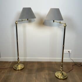 Pair of Brass Floor Reading Lamps with Articulated Arm and Grey Velvet. French Work in the Manner of Maison Jansen. Circa 1970.