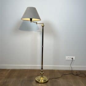 Pair of Brass Floor Reading Lamps with Articulated Arm and Grey Velvet. French Work in the Manner of Maison Jansen. Circa 1970.