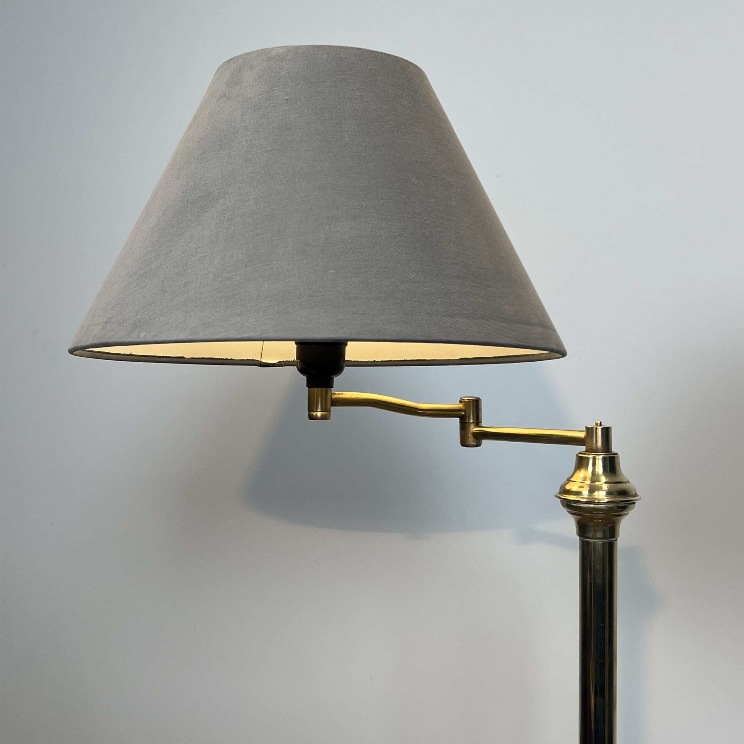 Pair of Brass Floor Reading Lamps with Articulated Arm and Grey Velvet. French Work in the Manner of Maison Jansen. Circa 1970. - Image 6