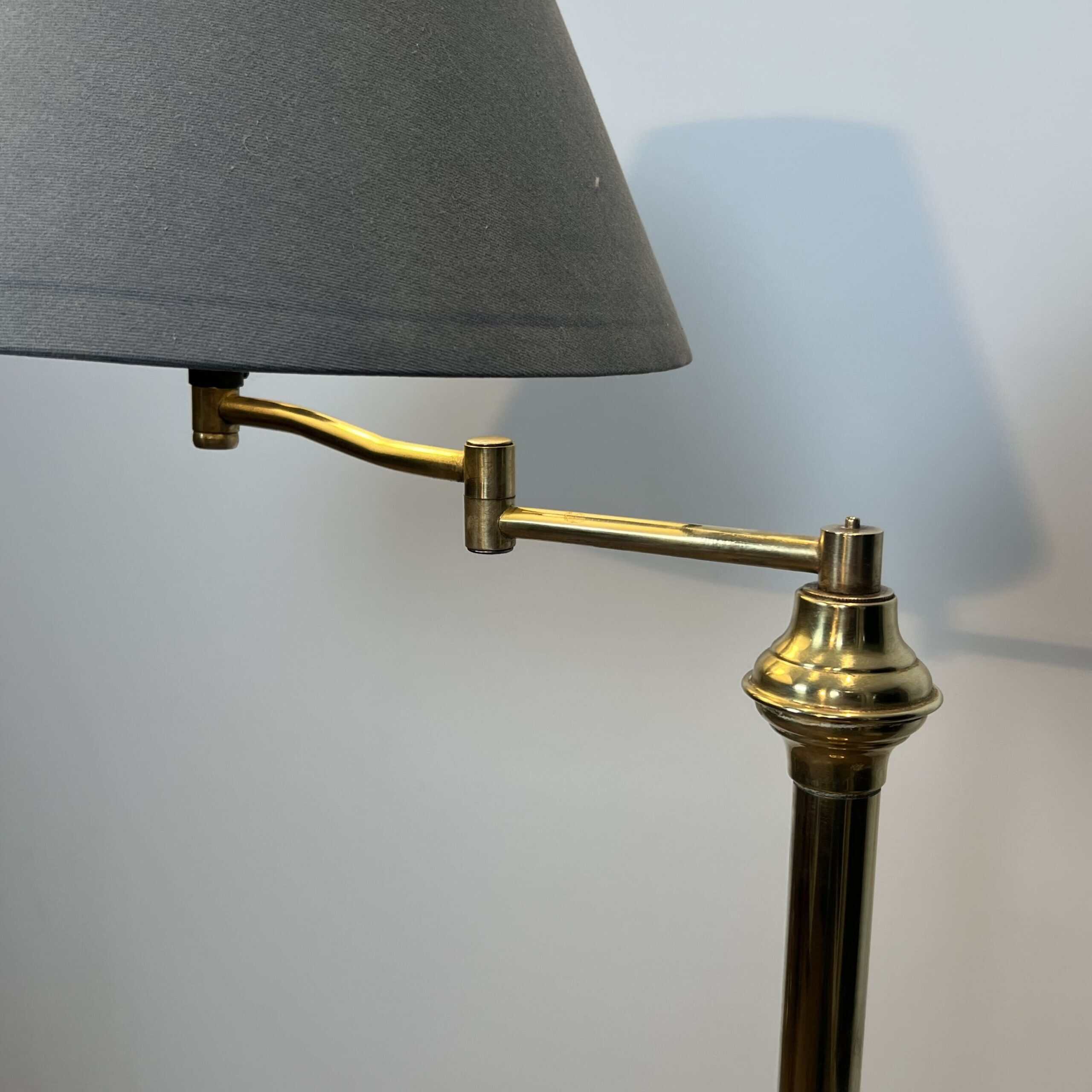 Pair of Brass Floor Reading Lamps with Articulated Arm and Grey Velvet. French Work in the Manner of Maison Jansen. Circa 1970. - Image 7