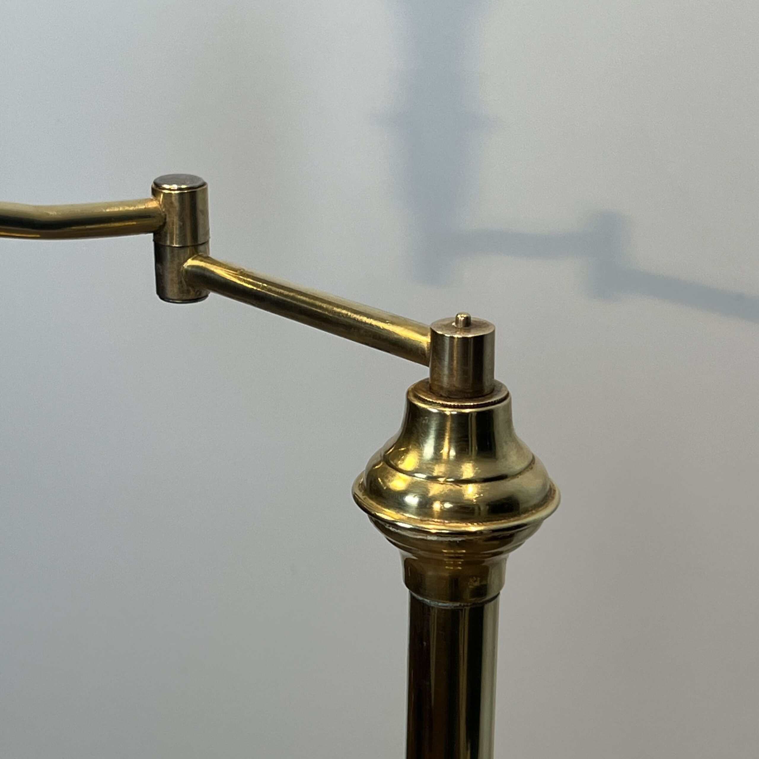 Pair of Brass Floor Reading Lamps with Articulated Arm and Grey Velvet. French Work in the Manner of Maison Jansen. Circa 1970. - Image 8