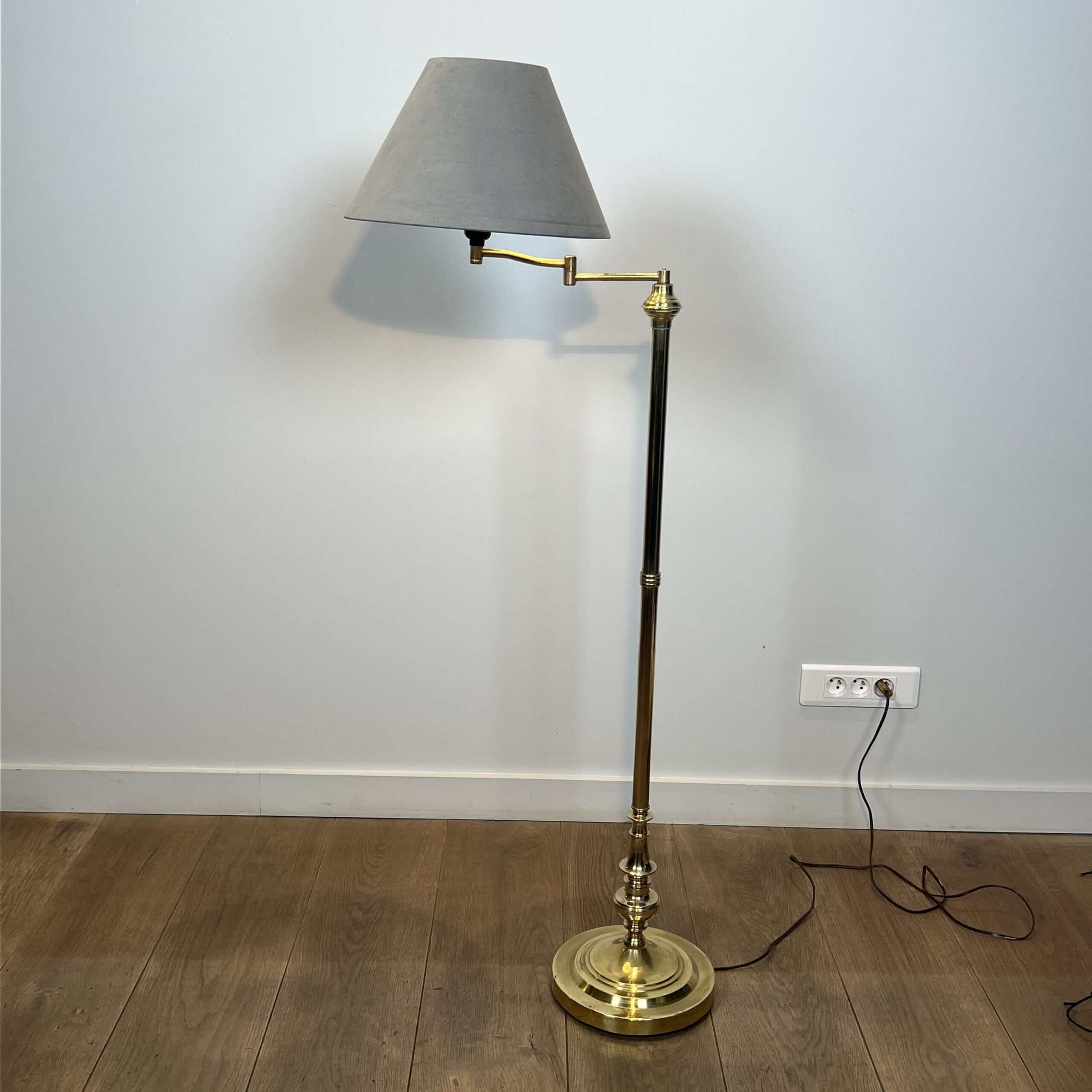 Pair of Brass Floor Reading Lamps with Articulated Arm and Grey Velvet. French Work in the Manner of Maison Jansen. Circa 1970. - Image 10