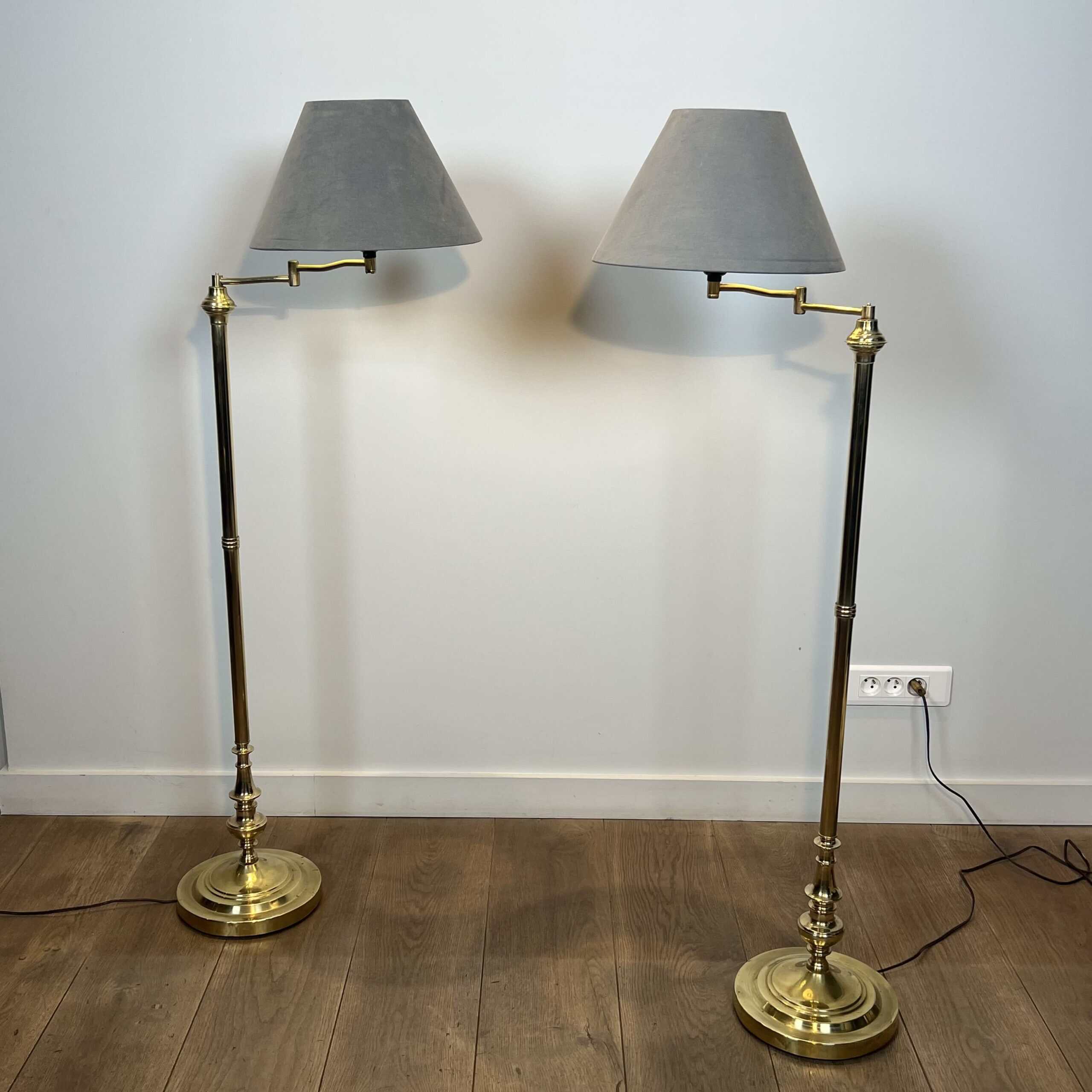 Pair of Brass Floor Reading Lamps with Articulated Arm and Grey Velvet. French Work in the Manner of Maison Jansen. Circa 1970. - Image 11