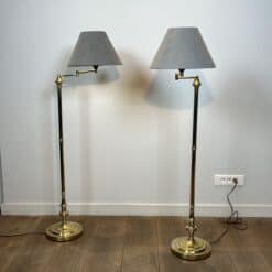 Pair of Brass Floor Reading Lamps with Articulated Arm and Grey Velvet. French Work in the Manner of Maison Jansen. Circa 1970. - Image 12