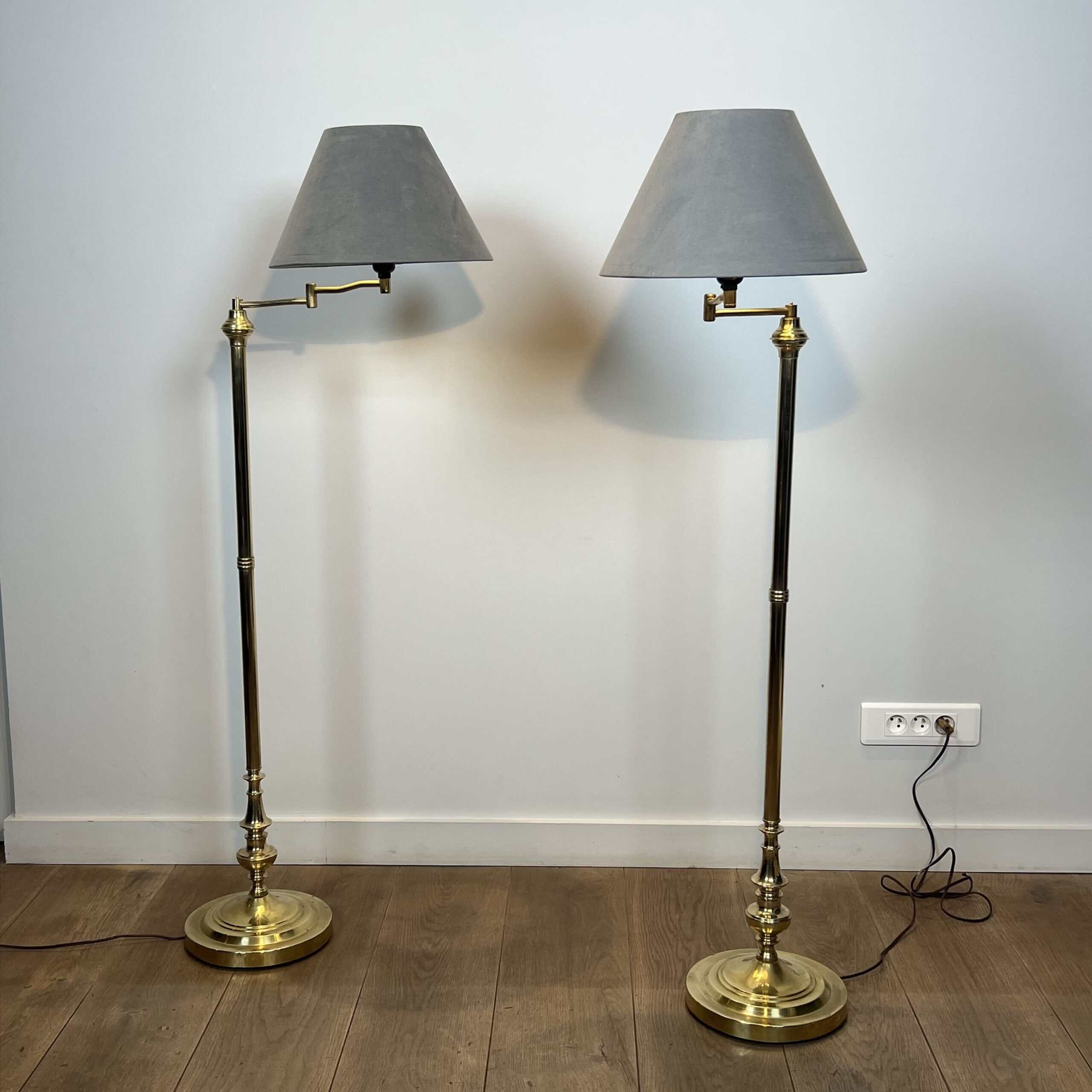 Pair of Brass Floor Reading Lamps with Articulated Arm and Grey Velvet. French Work in the Manner of Maison Jansen. Circa 1970. - Image 12