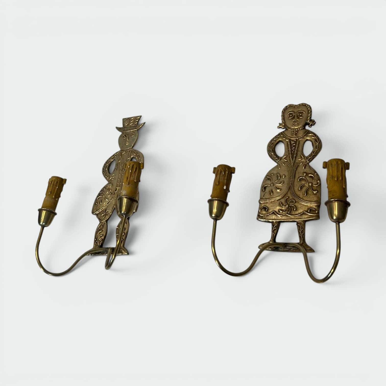 Pair of French 1950s Gilded Brass Figural Sconces - Angled View - Styylish